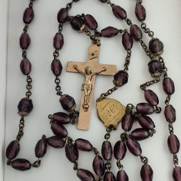 Antique 1909 Brass and Amethyst Glass Rosary - Picture 5 of 13